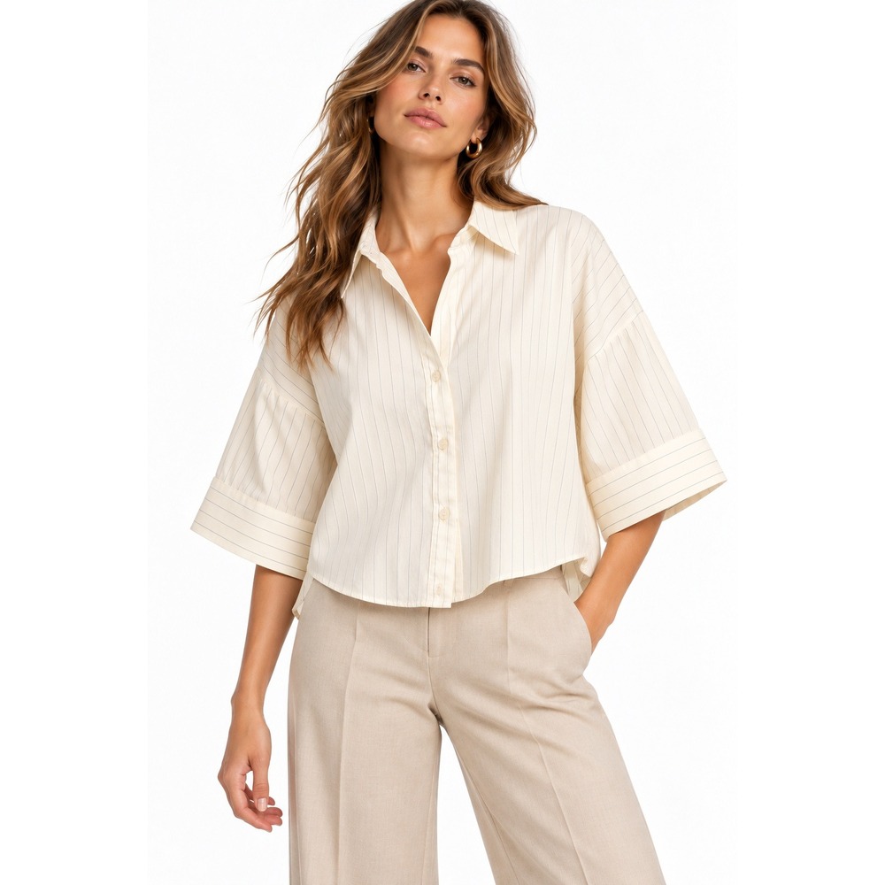 H&M Cream Pinstripe Button Down Oversized Blouse Short Sleeve Small NWT